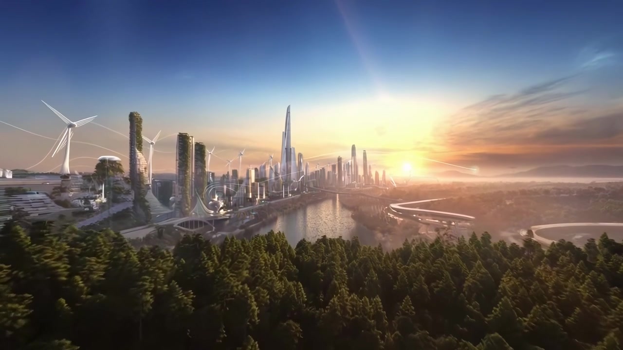 Futuristic Eco-Friendly City Skyline at Sunset