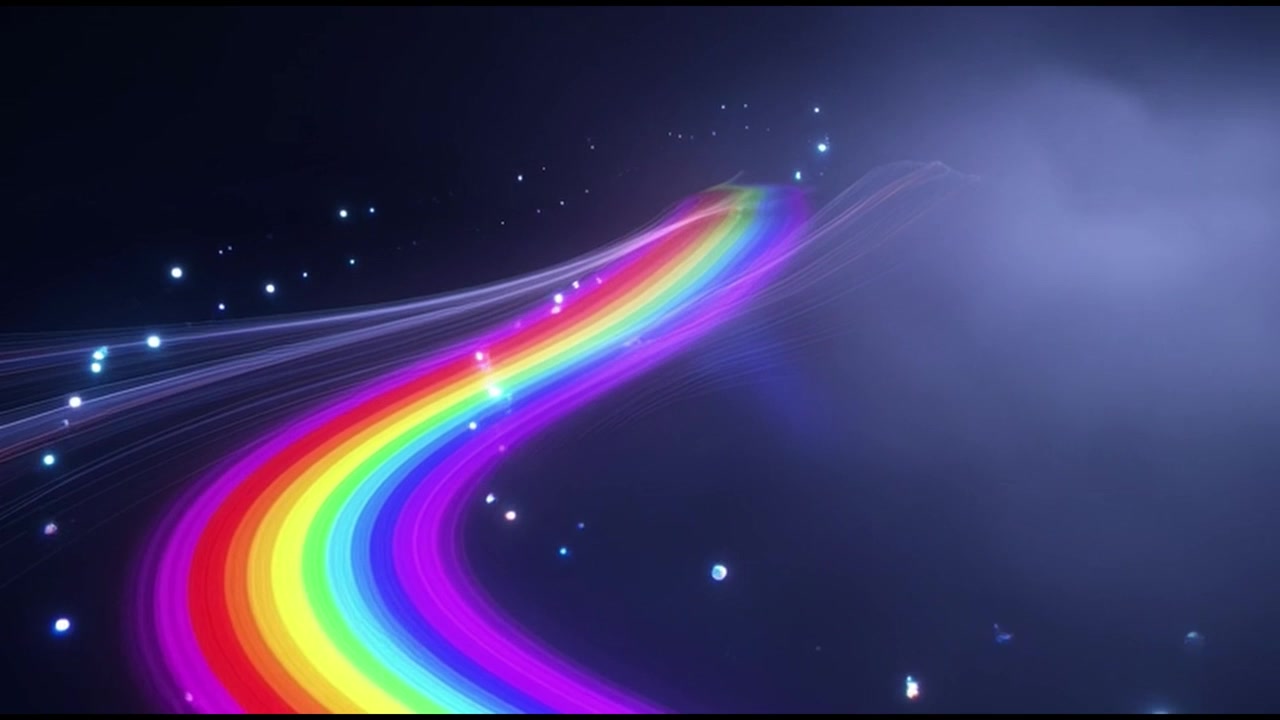 Abstract Rainbow Light Trails Moving Through Dark Space