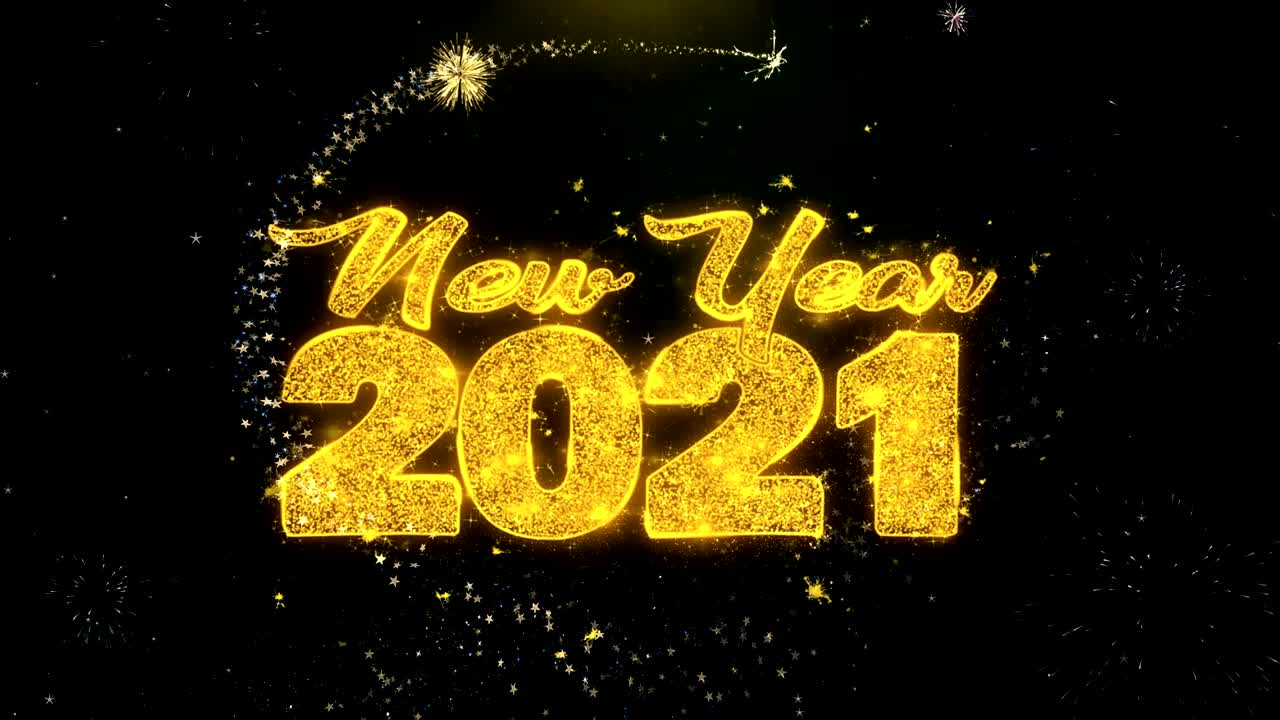 Neujahr 2021 Textwunsch auf Goldpartikel-Feuerwerk
