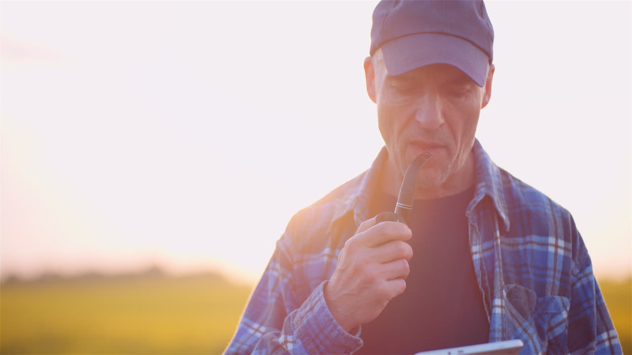 Landwirt überprüft Daten auf einem Tablet mit Pfeife in der Hand bei Sonnenuntergang
