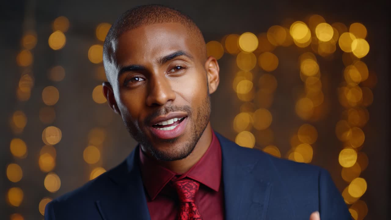A confident man in a tailored suit and tie, smiling while speaking directly to the camera against a backdrop of shimmering lights, expressing positive energy and charisma