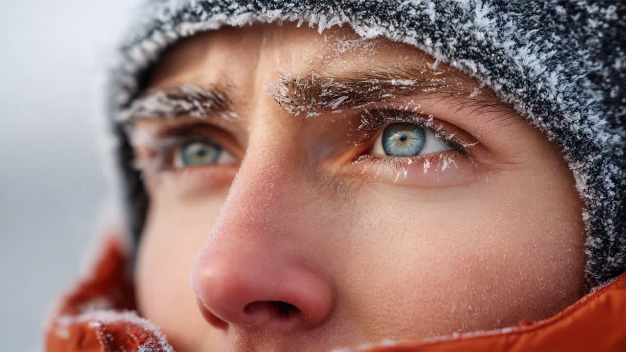 Intense gaze of a person with frosty features, showcasing resilient spirit amid harsh winter conditions, highlighting the beauty of nature's cold embrace