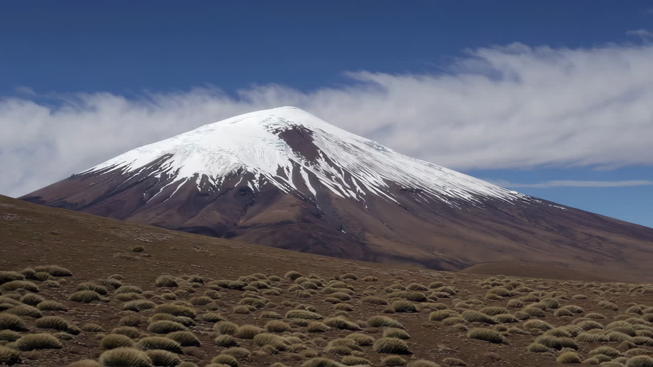 Majestic Snow-capped Volcano in Arid Landscape