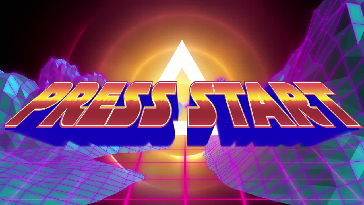 네온 패턴 배경 위에 프레스 시작 텍스트의 애니메이션