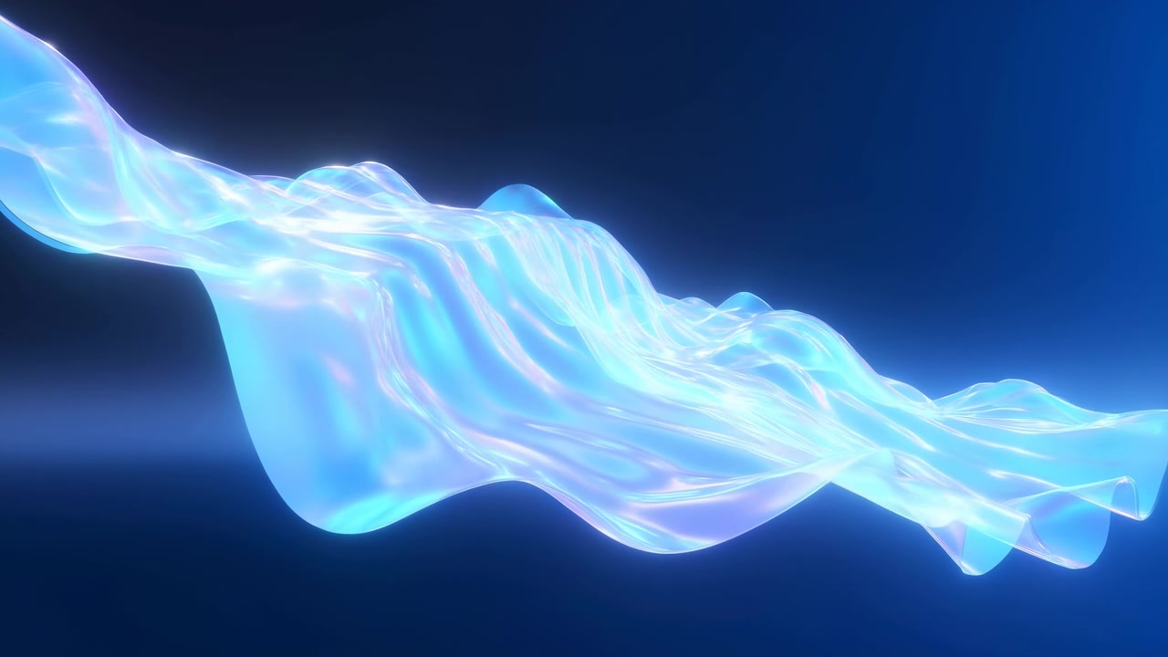 A translucent blue and white ribbon of light sweeps diagonally across a dark navy gradient, creating a smooth abstract motion effect with soft luminous