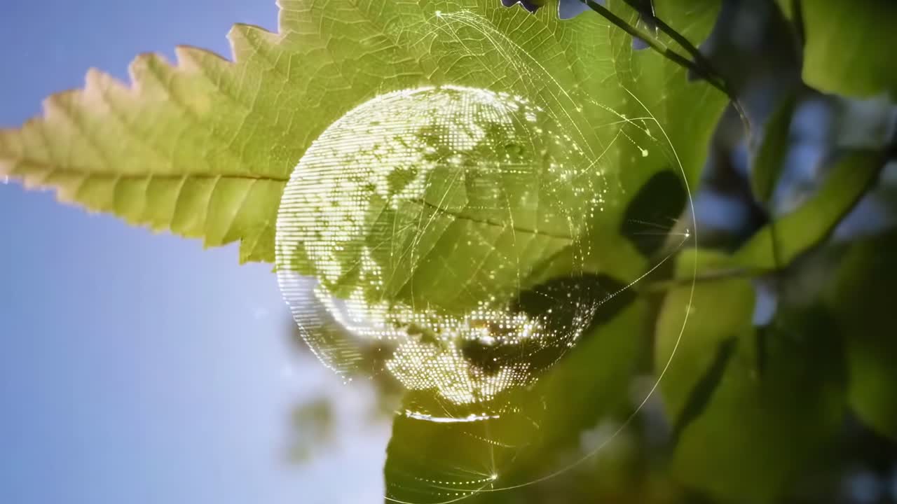 Video en primer plano de hojas iluminadas por el sol con una superposición de globo digital, filmado en contrapicado