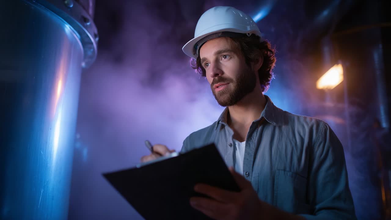 Um engenheiro concentrado usando um capacete de segurança examina equipamentos em um ambiente industrial com pouca luz, fazendo anotações em uma prancheta enquanto avalia dados e garante que os padrões de segurança sejam atendidos