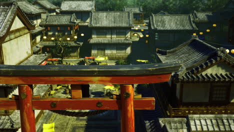 exploring a traditional village with vibrant lanterns and pagoda architecture