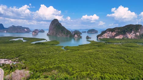 drone footage captures the stunning landscape of phang nga bay, showcasing lush mangroves, turquoise waters, and dramatic limestone formations