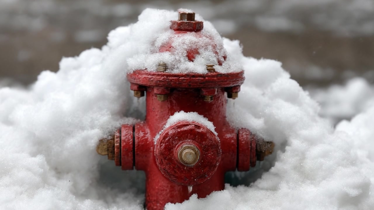 Un contrasto sorprendente: una bocca antincendio rossa semi-sepolta nella neve in un paesaggio invernale da sogno, che illustra la durezza delle condizioni climatiche invernali