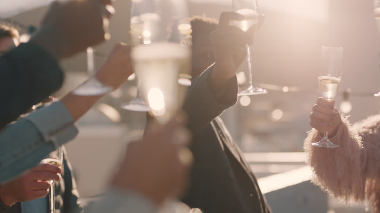 옥상 파티를 축하하는 행복한 친구들, 샴페인을 마시는 토스트 만들기, 일몰 때 주말 사교 모임에서 다양한 동창회 축하 행사 즐기기