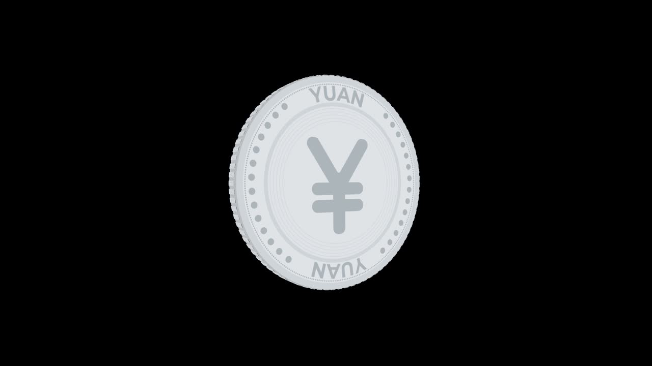 Spinning silver yuan coin isolated on black and green background. 4k