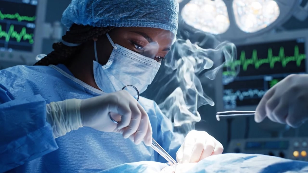 Preciznost soustředěného chirurga při chirurgickém zákroku pod jasnými světly operačního sálu, demonstrující zručné techniky s nezbytným lékařským vybavením a monitorovacími přístroji