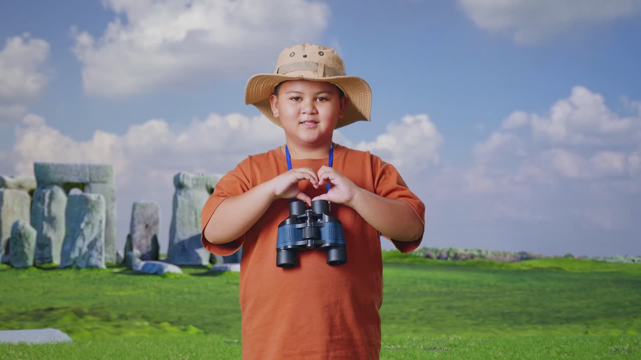 Asian Boy With A Hat And Binoculars Making Heart Shape Gesture While Traveling In Stonehenge. Boy Researcher Examines Something, Travel Tourism Adventure Concept