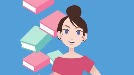 animación de una mujer hablando sobre iconos de libros