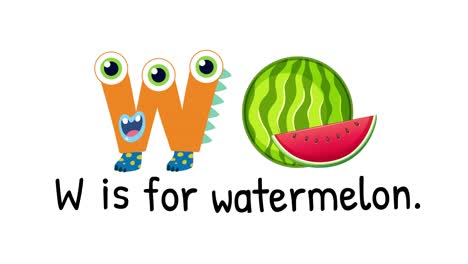 playful animation of the letter w transforming into a watermelon with vibrant colors and cheerful characters
