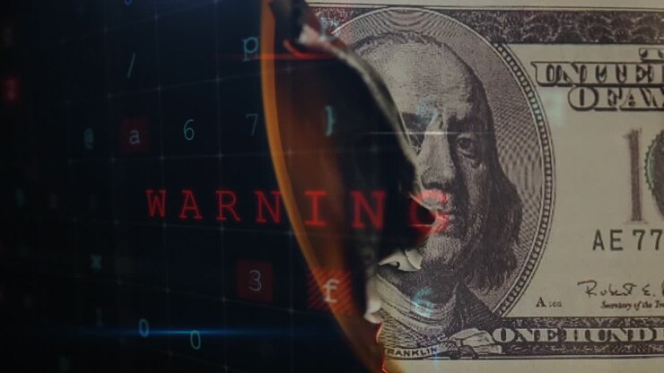 Animazione di elaborazione dati su una banconota che brucia