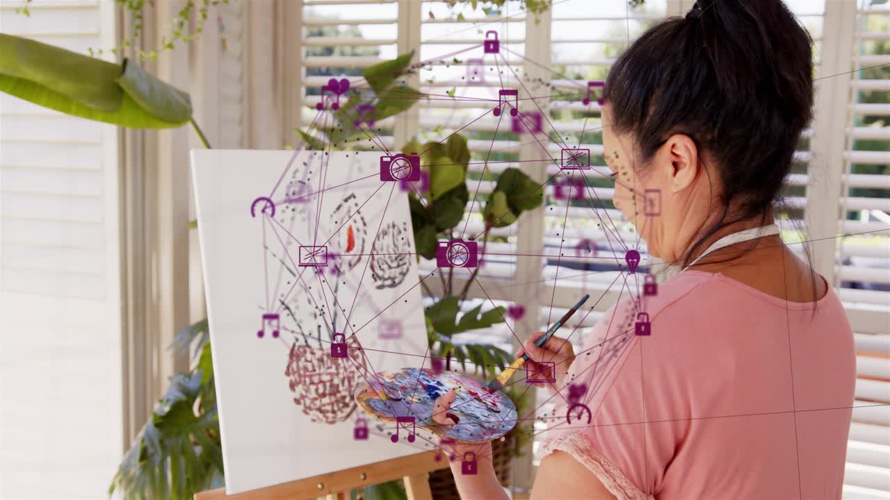 Painter starting stroke with palette, painting floral canvas, purple icons overlaying scene for art