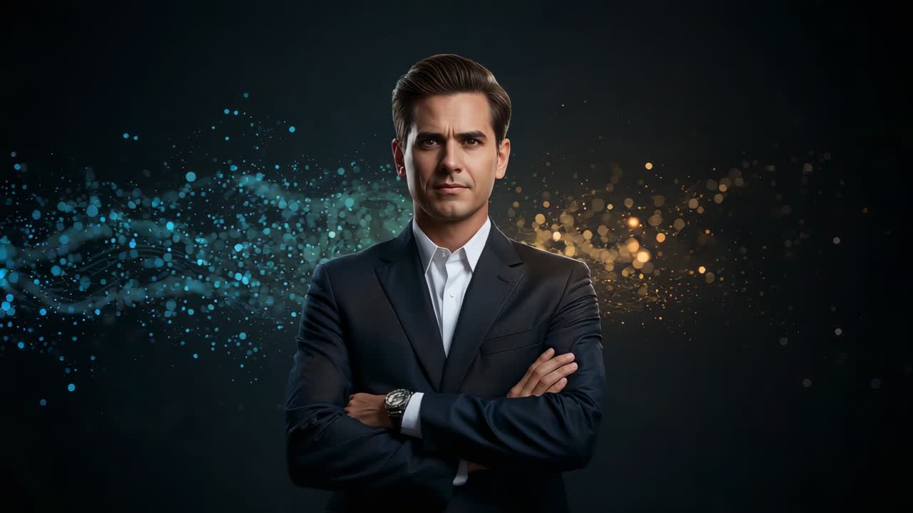 Holding crossed arms, man in suit reacting to shifting blue and golden particles for portrait