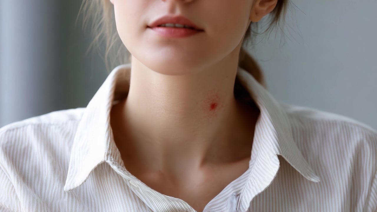 Un esame ravvicinato del collo di una giovane donna, che mostra un'irritazione o un segno cutaneo evidente, sottolineando l'importanza della salute della pelle e della consapevolezza della cura di sé.