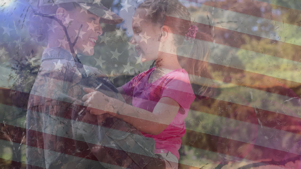 animación de una soldado con su hija sobre la bandera estadounidense