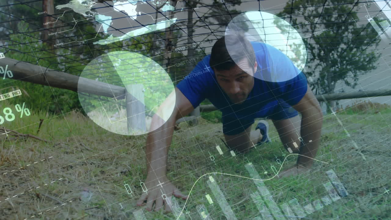 animación del procesamiento de datos sobre un grupo de hombres y mujeres en una carrera de obstáculos