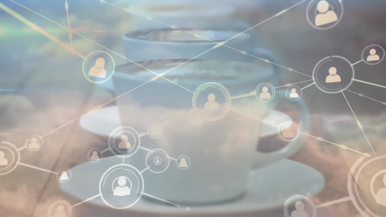 커피 컵 위의 연결 네트워크와 아이콘의 애니메이션