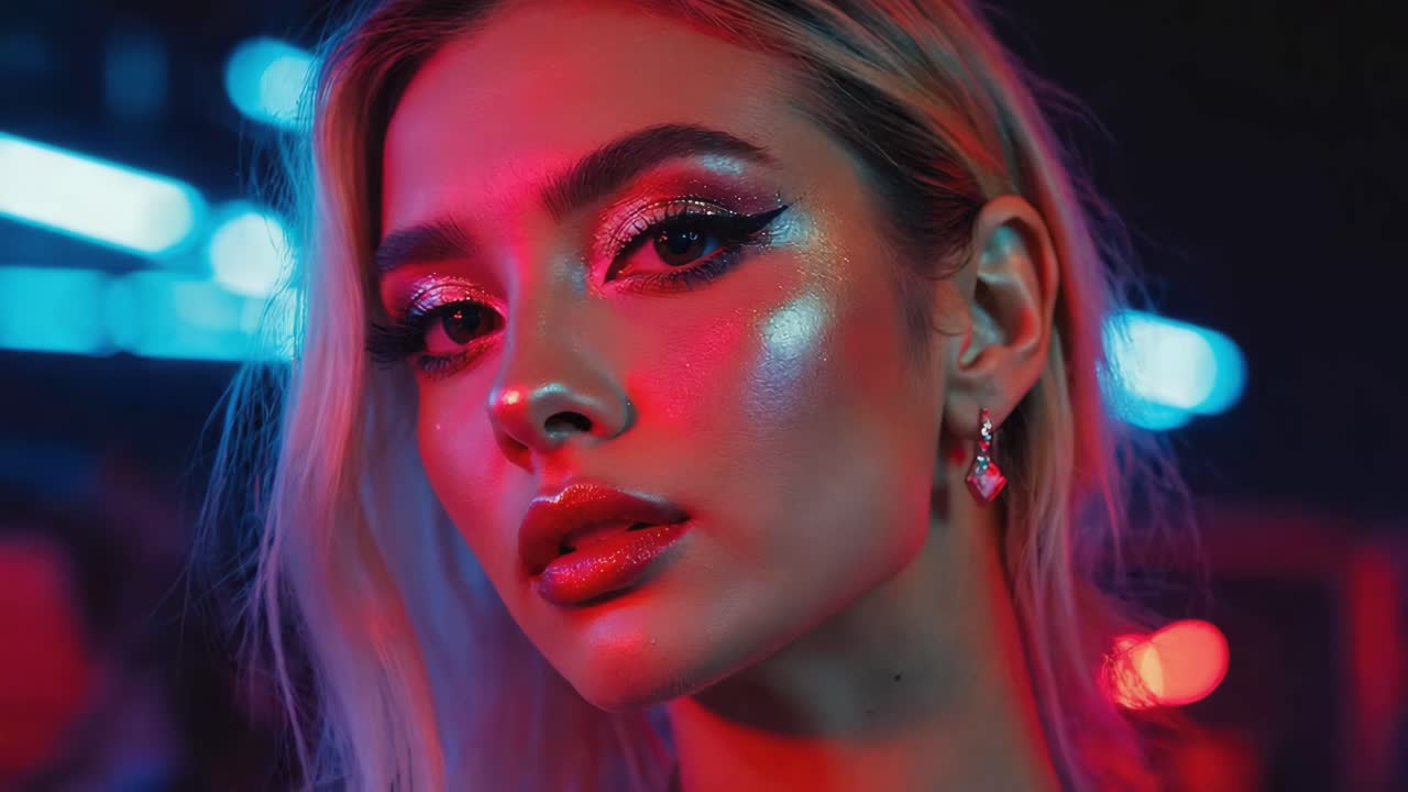 Portrait of a woman with makeup and neon lighting