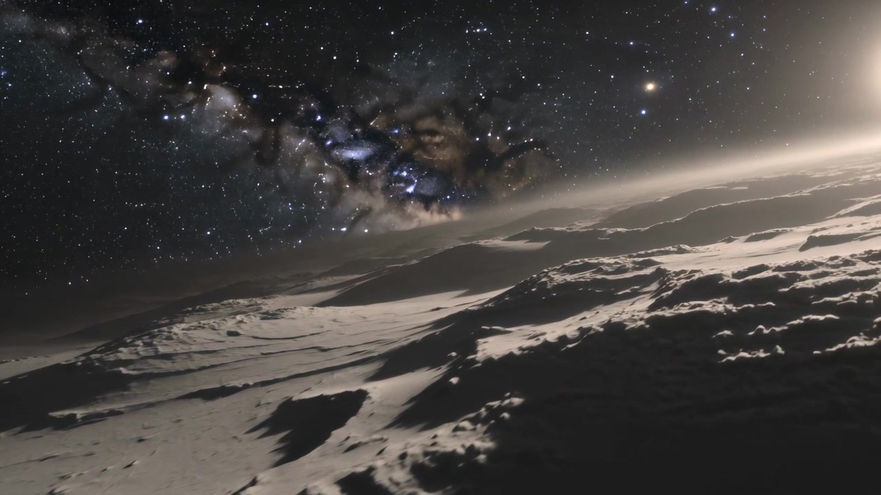 Starting camera glide shifting right, revealing cratered plain and casting long shadows, Milky Way