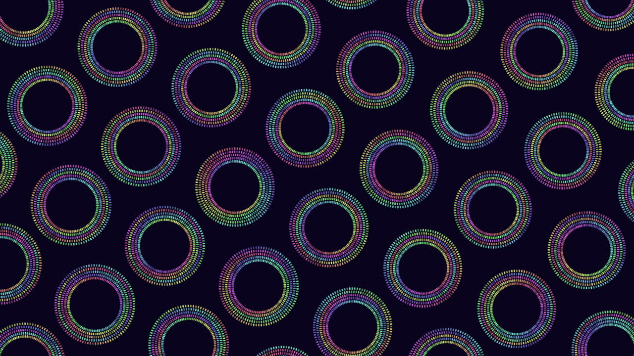 Abstract footage of multicolor dotted circular rings moving in a repeating pattern on a dark background, ideal for technology, music visuals, and modern motion design