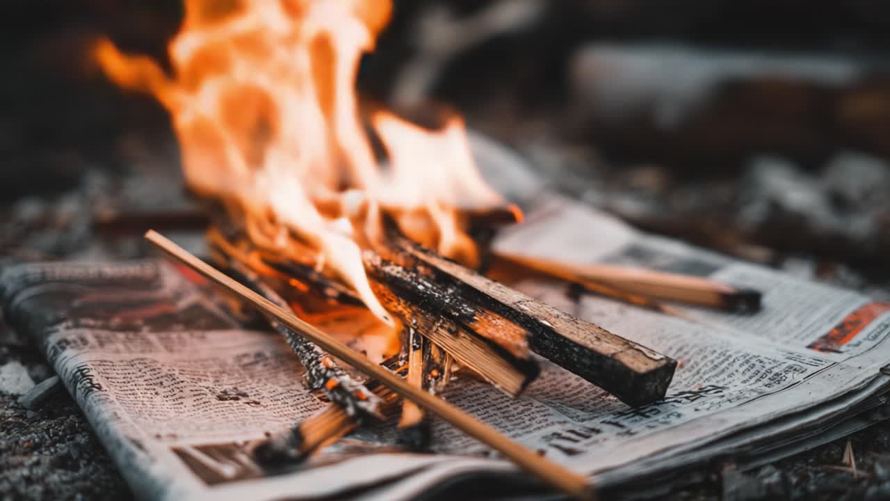 A close-up view of a crackling campfire made from sticks and newspaper, highlighting the vibrant flames as they dance and illuminate the surrounding charred landscape