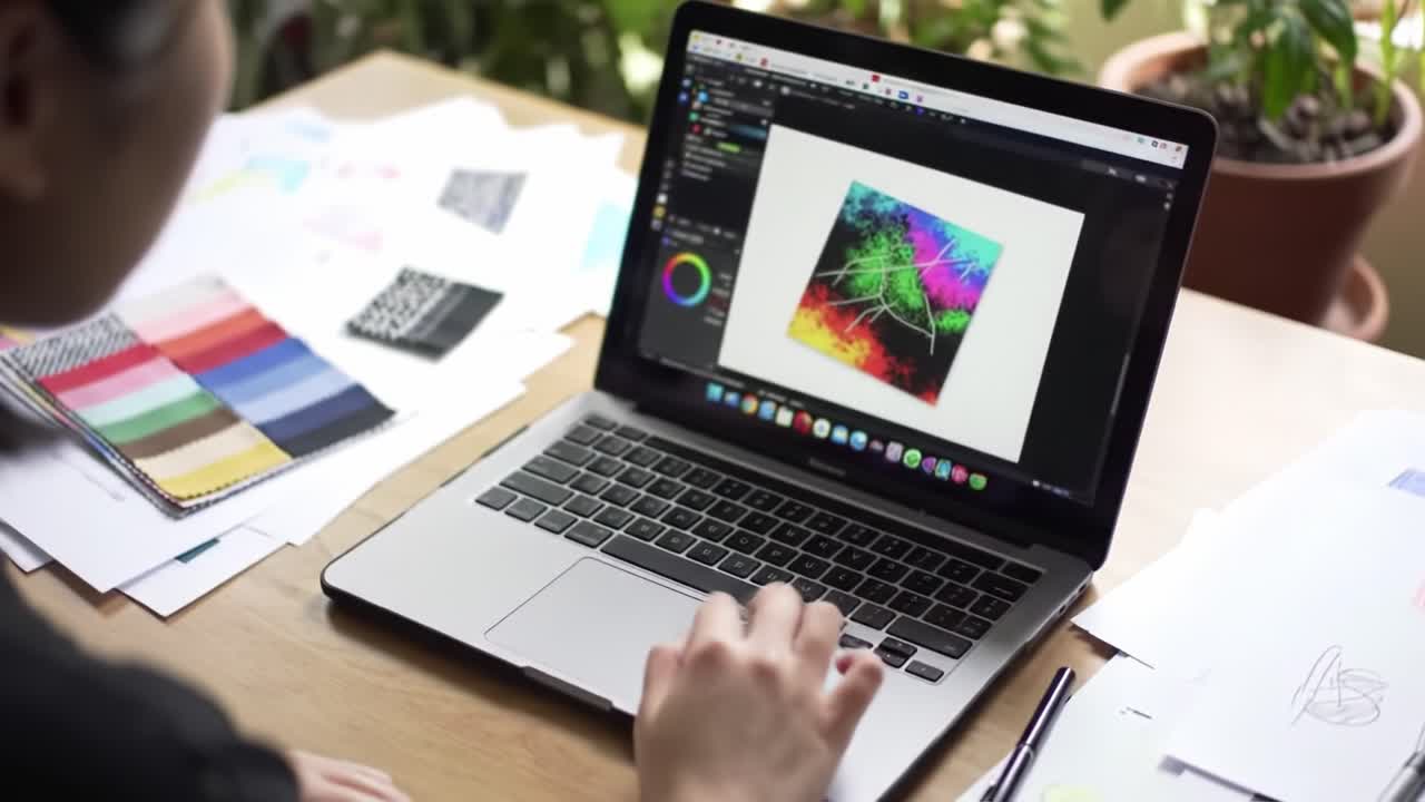 Creative Exploration: A Graphic Designer Engages in Digital Art Creation on a Laptop Surrounded by Colorful Sketches and Design Materials