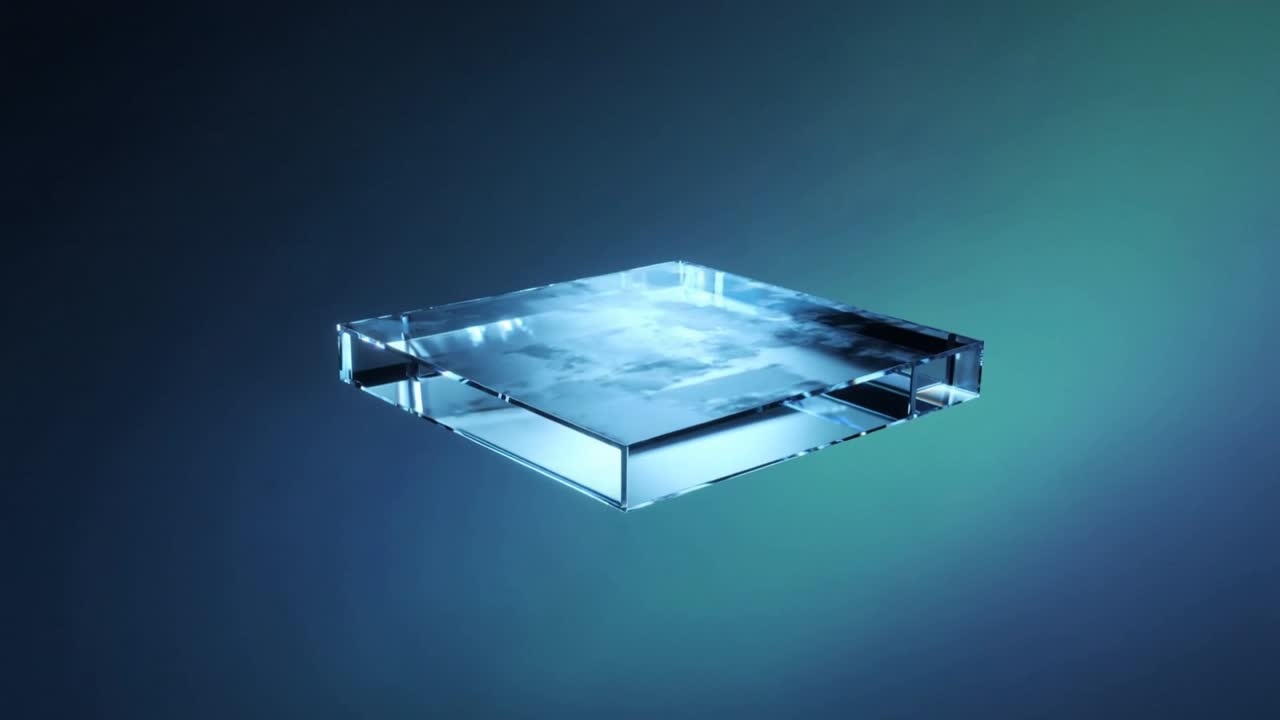 Rotating glass slab reacting to lighting cue, shifting forward in teal gradient, revealing edges