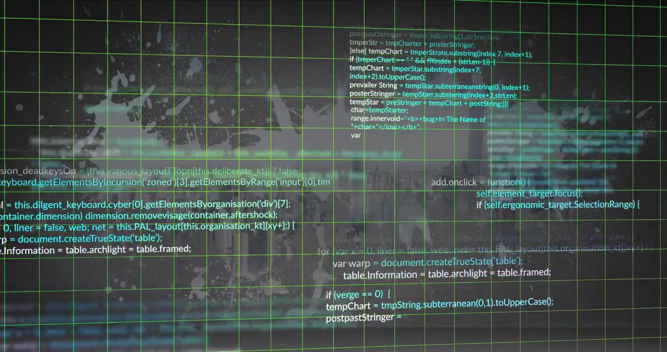 Green grid framing code clusters, initial teal glow starting scanline, stacking blocks, showing HUD