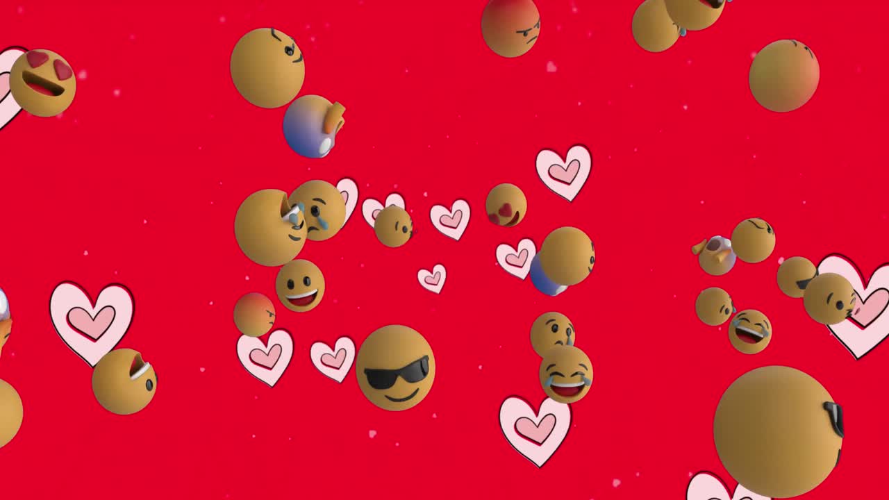 animación de múltiples iconos de corazón rosado y emojis de cara flotando contra un fondo rojo.