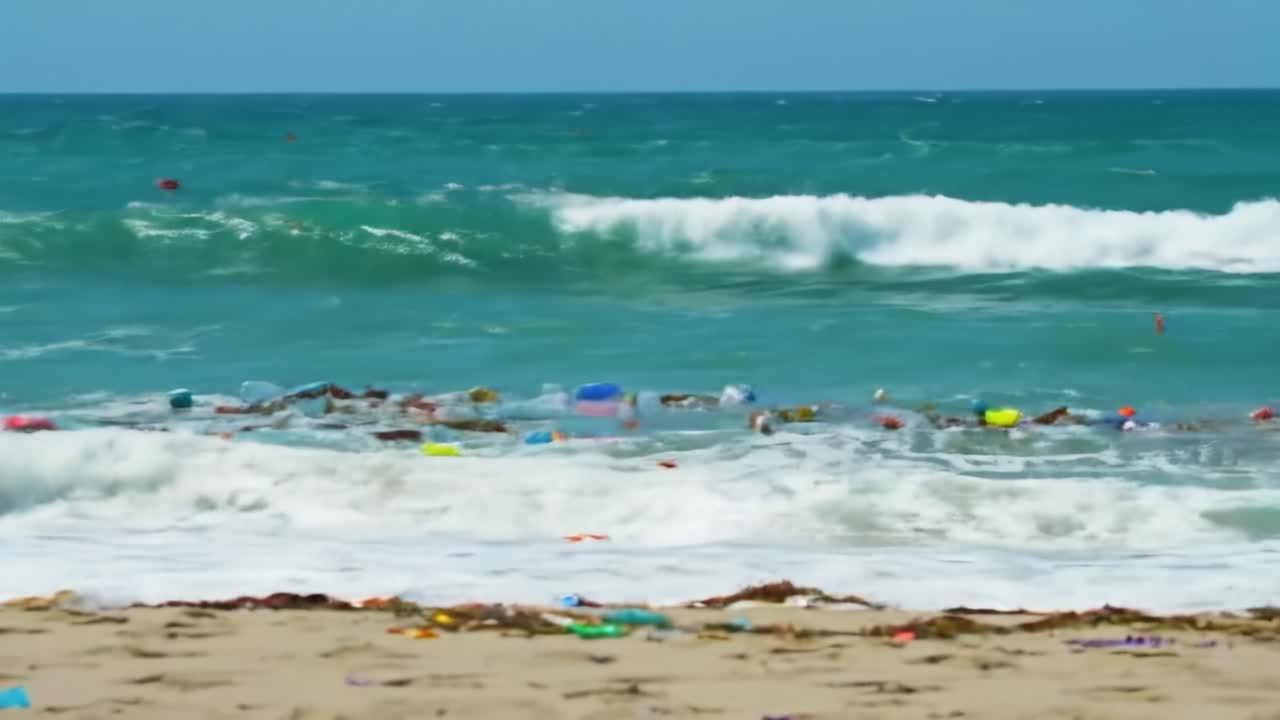 Bright waves crash against the shore at a beach littered with various plastics and debris.