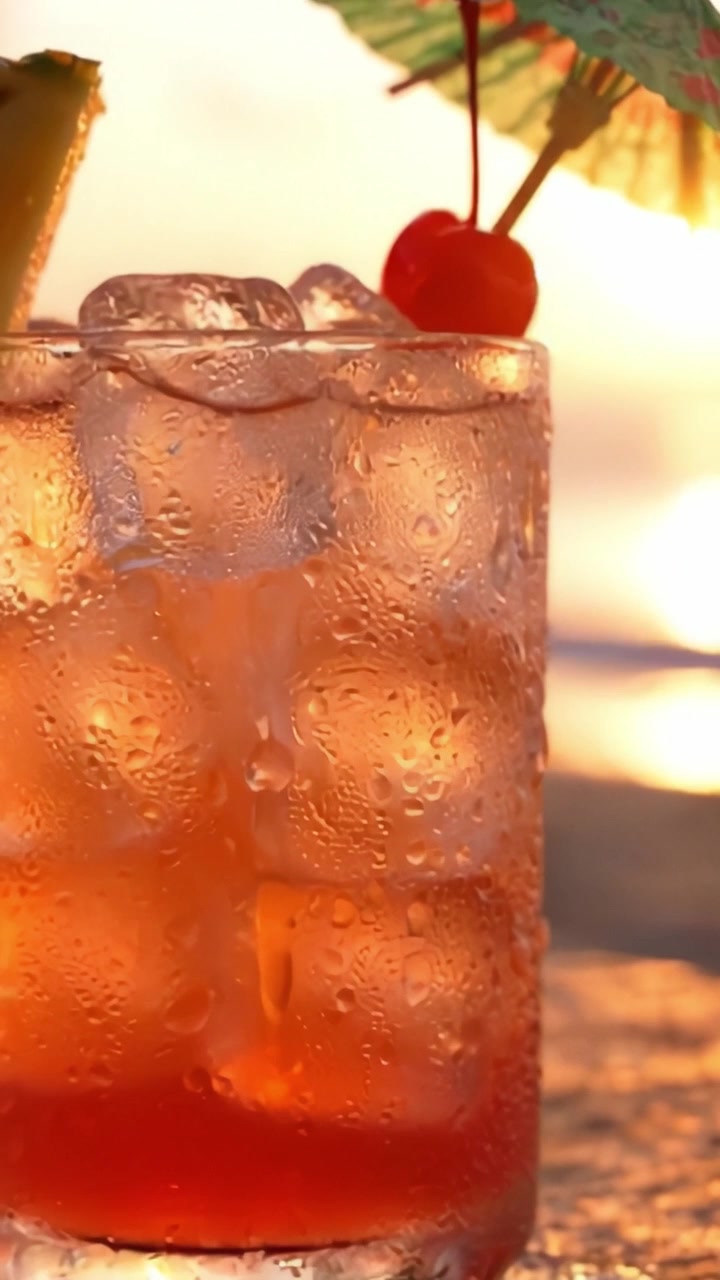 Refreshing Cocktail with Garnishes and Ice in Glass During Sunset, Capturing the Essence of Relaxation and Summer Vibes on a Beachside Evening