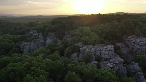 cliff overgrown by dense forest in early morning sunrise in horizon