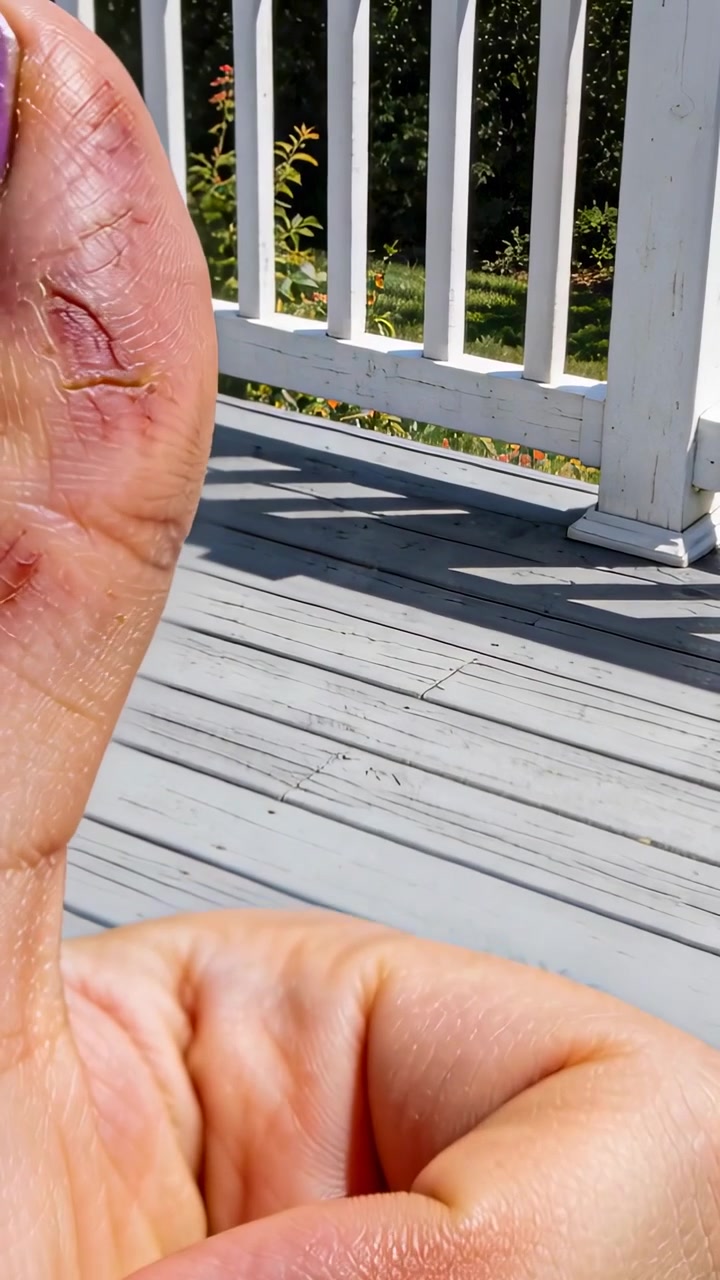 Video verticale: Pollice che si avvicina e ruota, mostrando smalto viola e cicatrici su una superficie grigia con una matita.