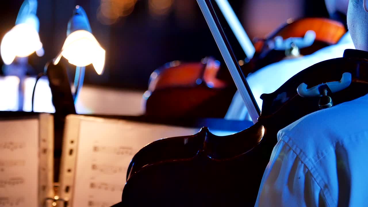 야외 야간 콘서트에서 바이올린을 연주하는 4k 음악가