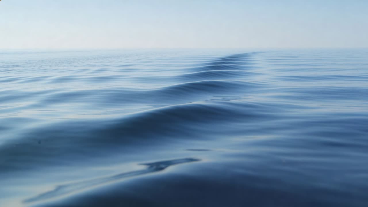 Ocean surface moving toward horizon, swell train rippling and traveling under light wind for study