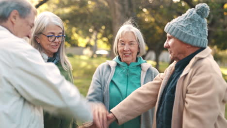 stacked hands, nature and senior people to