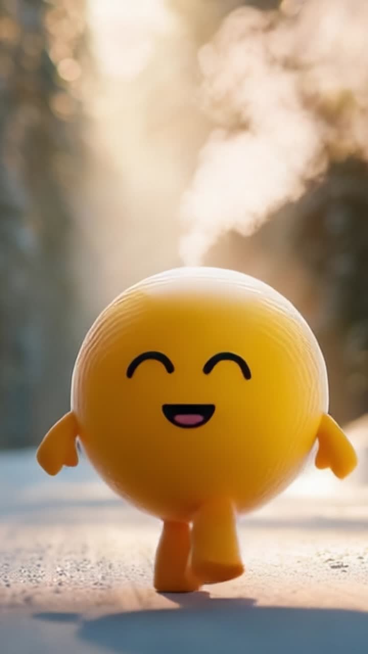 Allegro personaggio giallo che emette vapore in un sereno paesaggio invernale, irradiando gioia e calore, catturando la giocosità in uno splendido sfondo innevato.