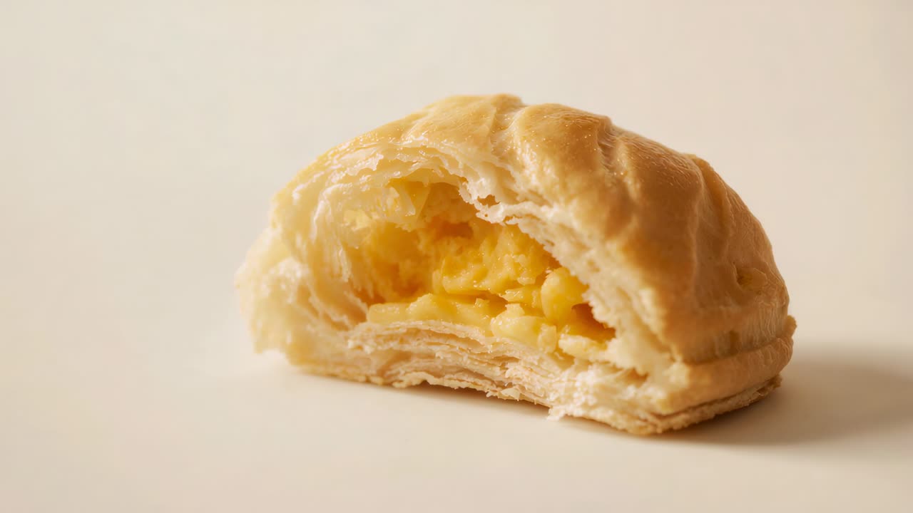Tightening camera moving closer to half-eaten pastry on tabletop, showing yellow filling and crumbs