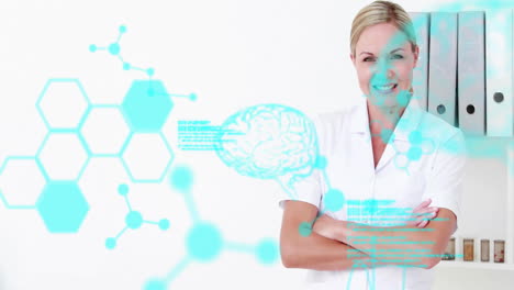 female scientist standing in medical lab, interacting with floating molecular and brain holograms