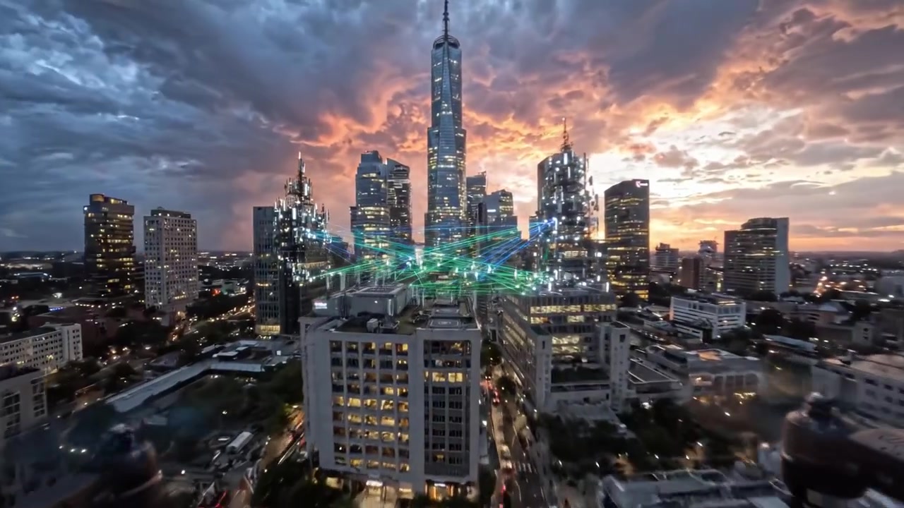 Captivating Cityscape: A Stunning Intersection of Urban Life and Technology at Dusk with Dynamic Light Trails and a Colorful Sunset Over Skyscrapers