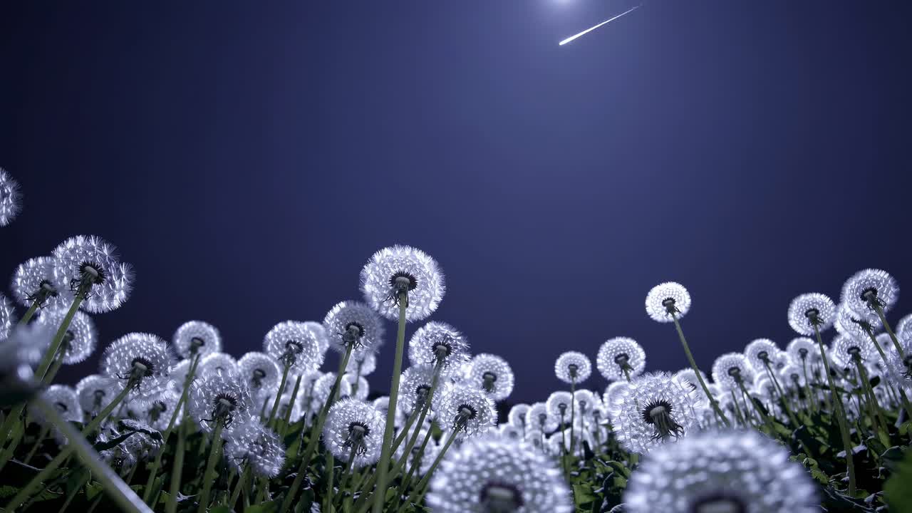 Low-angle video shot of dandelions against a night sky with a shooting star, creating a serene