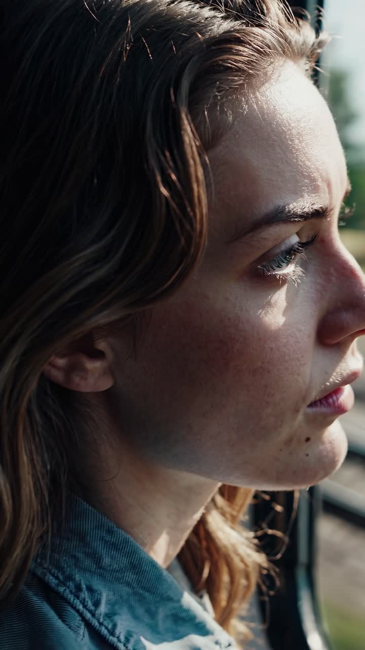Close-up of a person gazing out a train window, with sunlight highlighting their face
