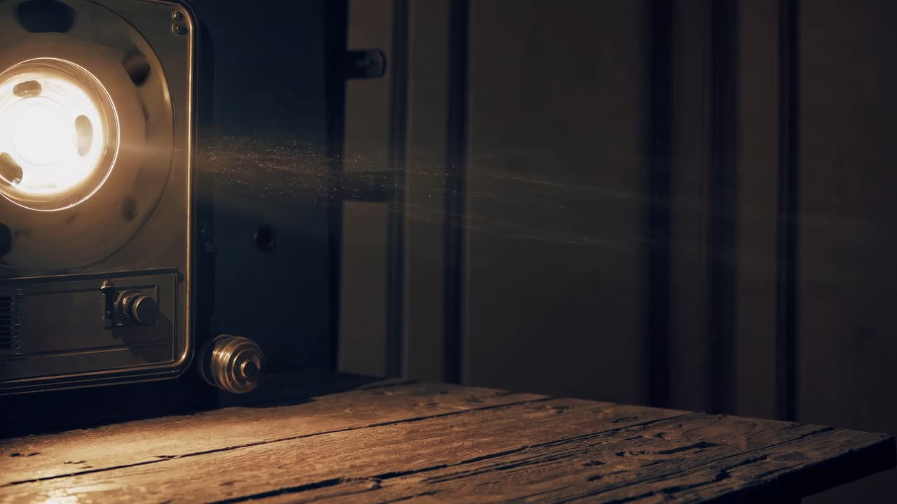 Vintage video projector casting light onto a rustic wooden table