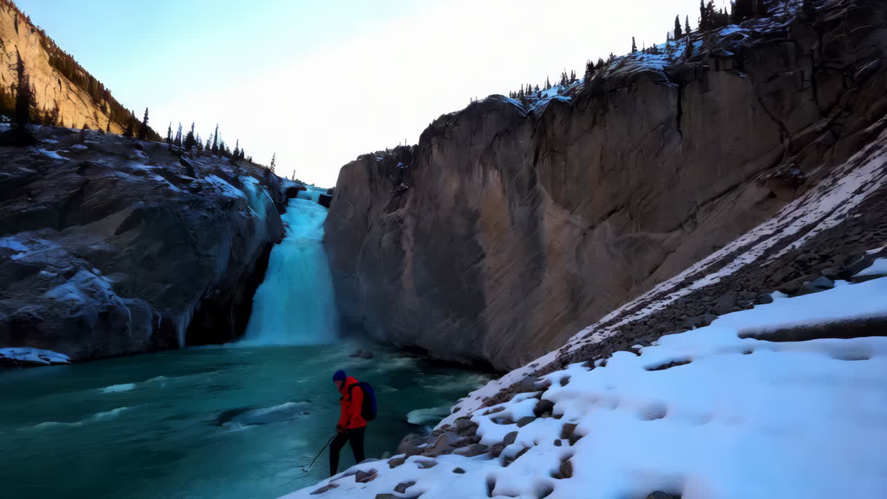 Winter Hike at a Mountain Waterfall